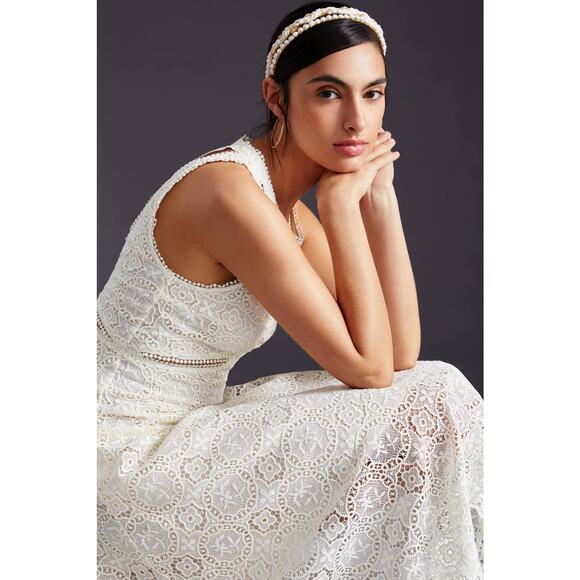 New Anthropologie Embroidered Lace Cutout Maxi Dress $270 SIZE 8 Ivory MIDI - Picture 3 of 5